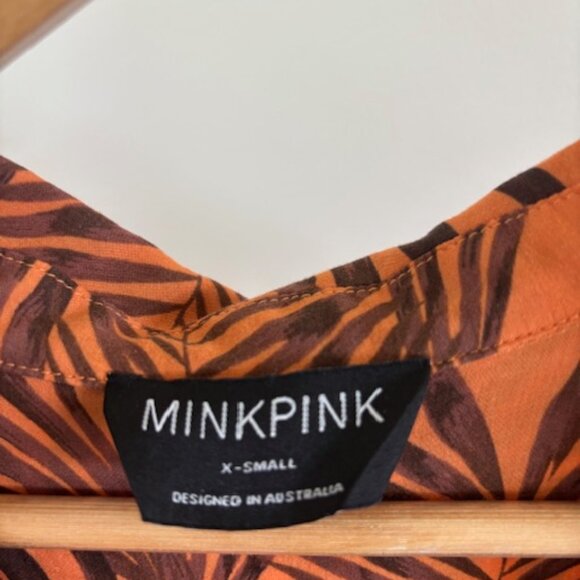 MINKPINK Tropical Palm Print Button Front Top XS – Orange Brown Vacation Style - Picture 2 of 3